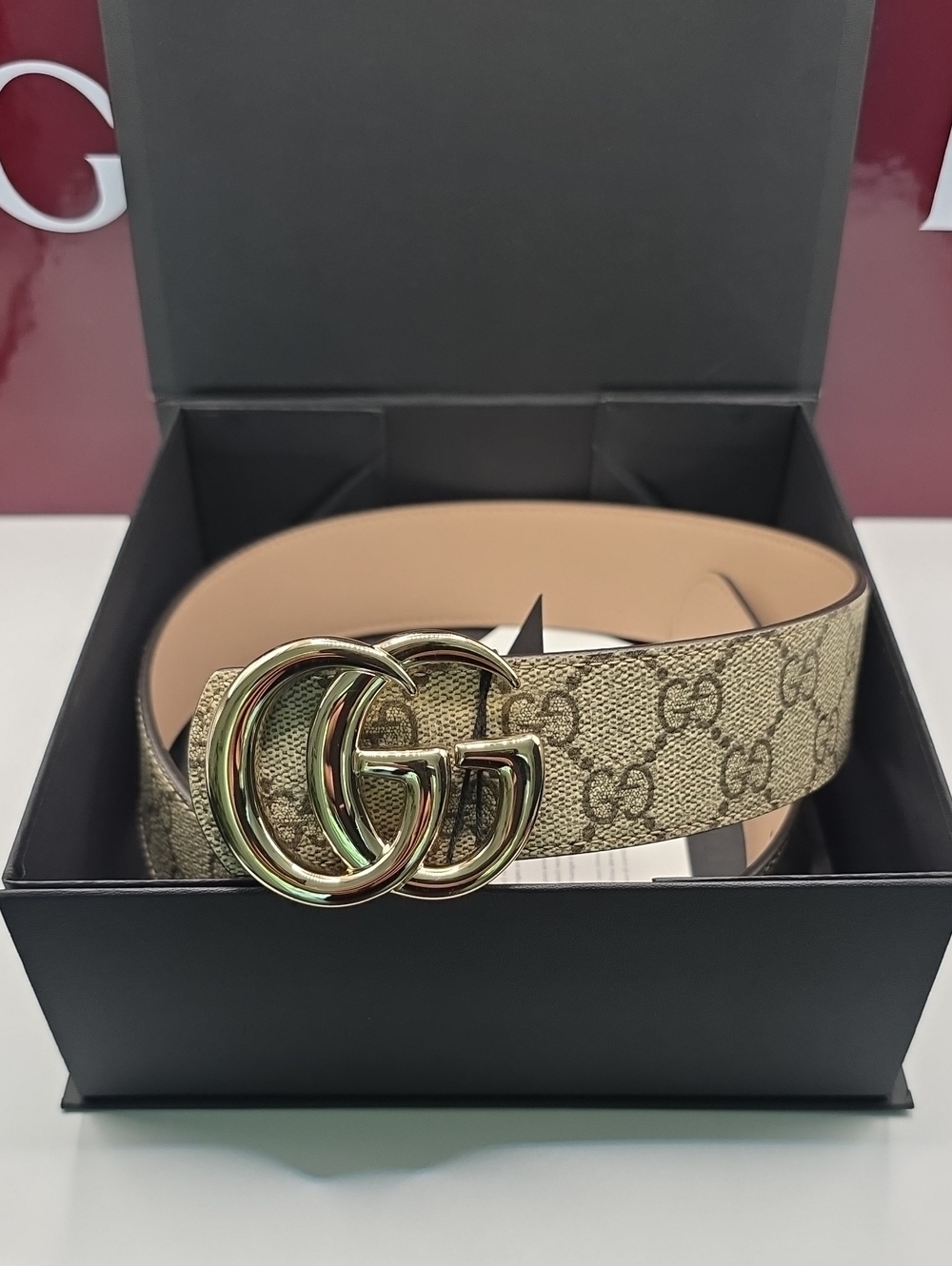 Gucci Brown GG Supreme Canvas Belt with Gold Double G Buckle